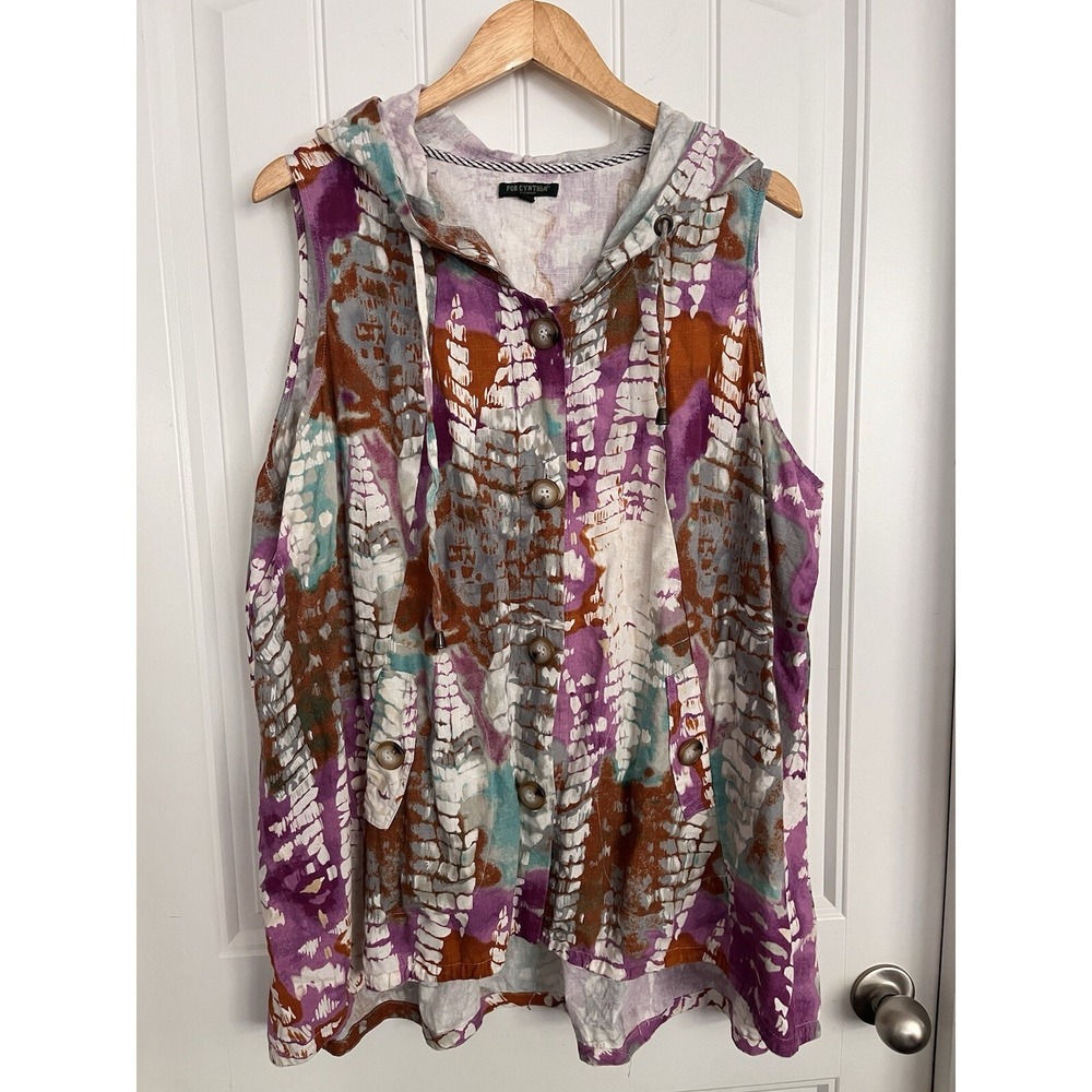 For Cynthia Womens Hooded Top Tunic 2XL Vest Linen Blend Pockets Boho Hippie 118